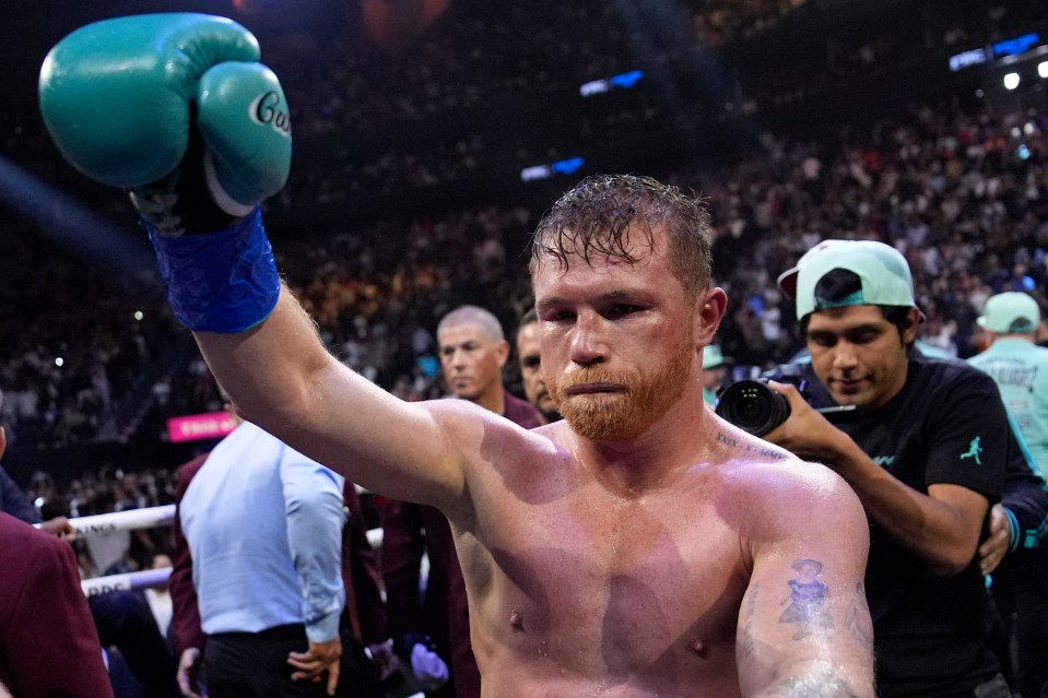 Canelo Alvarez celebrates a boxing victory.