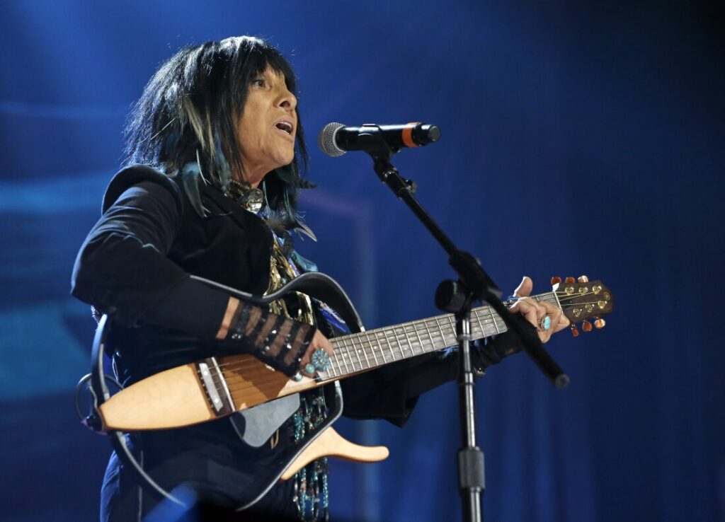 Buffy Sainte-Marie performs at the Americana Music Honors and Awards show Wednesday, Sept. 16, 2015, in Nashville, Tenn.