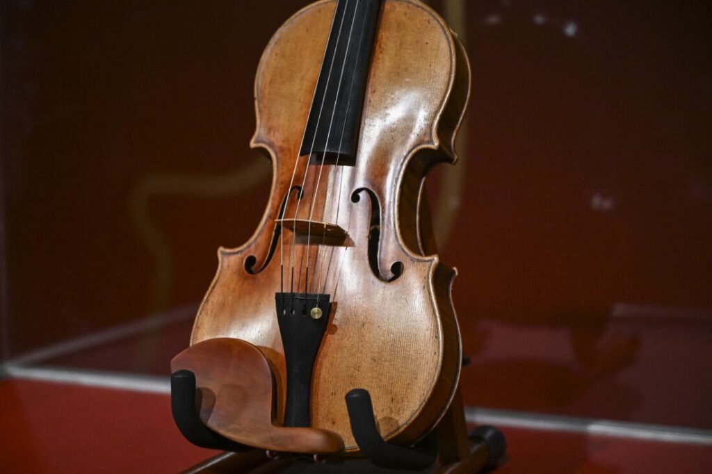 The Joachim-Ma Stradivarius violin is on display during a preview of the violin's auction at Sotheby's in New York City on Feb. 3. It sold for $11.3 million.