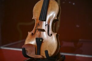 The Joachim-Ma Stradivarius violin is on display during a preview of the violin's auction at Sotheby's in New York City on Feb. 3. It sold for $11.3 million.