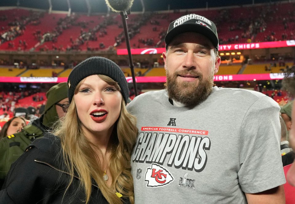 Travis Kelce and Taylor Swift at Arrowhead Stadium after the AFC Championship Game.