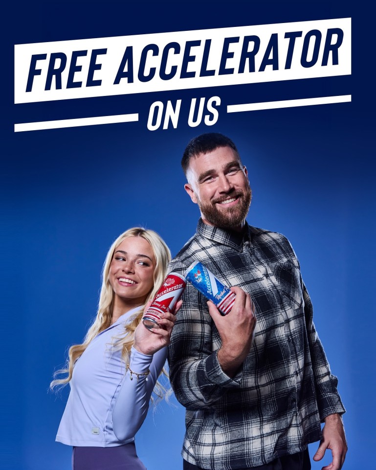 Travis Kelce and Olivia Dunne holding Accelerator drinks.  Free accelerator on us.