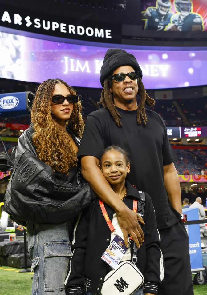 Jay-Z with Beyoncé and their daughters Blue Ivy and Rumi at the Super Bowl.