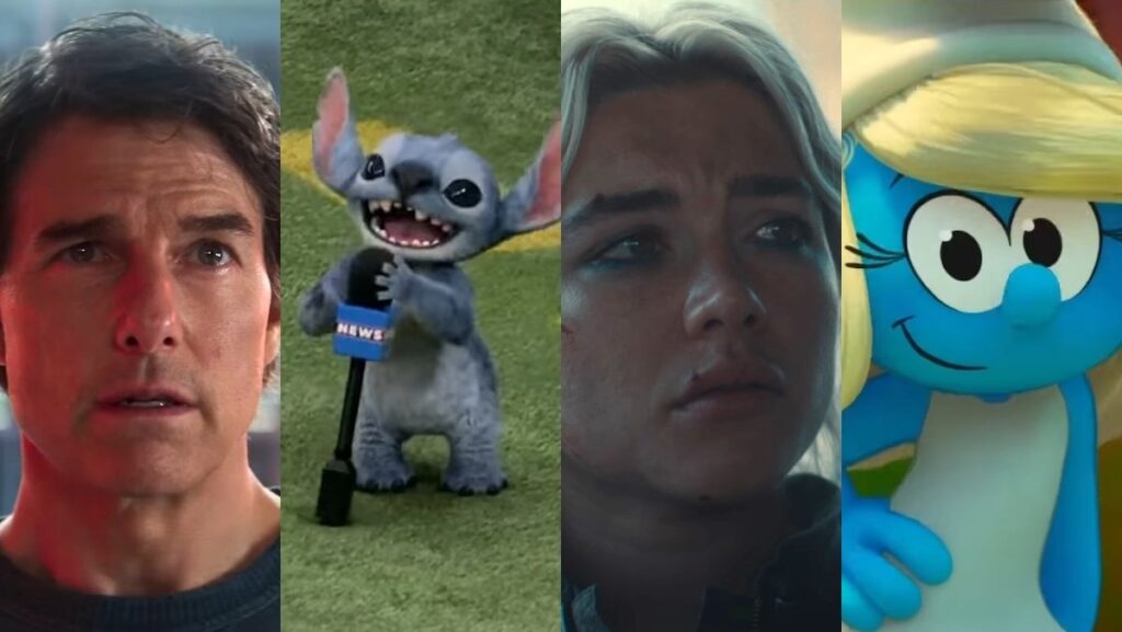 Tom Cruise, Stitch on a field holding a mic, Florence Pugh, and Smurfette