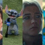 Tom Cruise, Stitch on a field holding a mic, Florence Pugh, and Smurfette