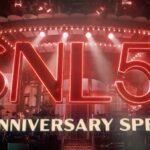 Text SNL 50 The Anniversary Special in front of red lit theater marquee.