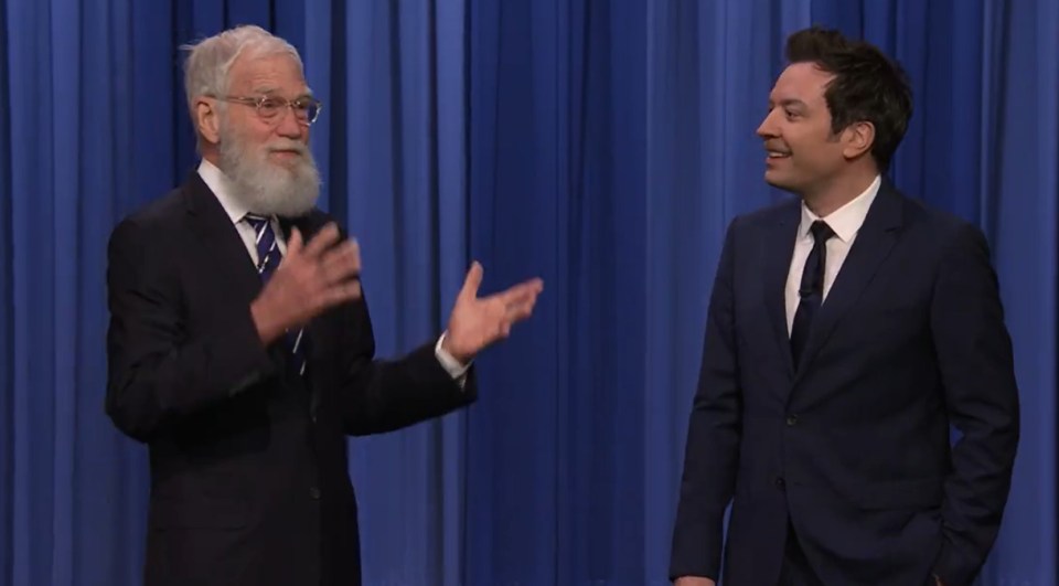 David Letterman surprising Jimmy Fallon on his show.