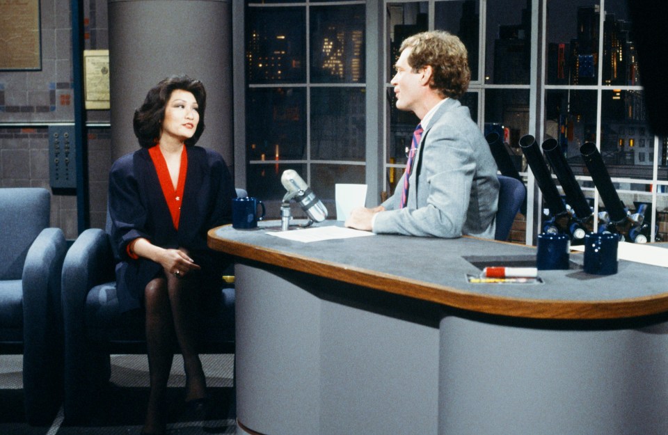 Connie Chung being interviewed by David Letterman on Late Night.