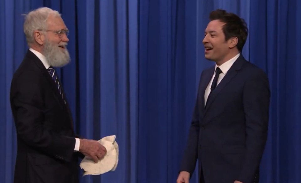 David Letterman surprising Jimmy Fallon on his show.