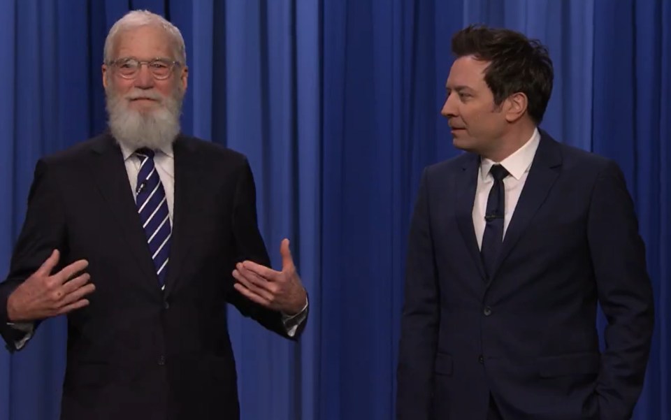 David Letterman surprising Jimmy Fallon on the Tonight Show.