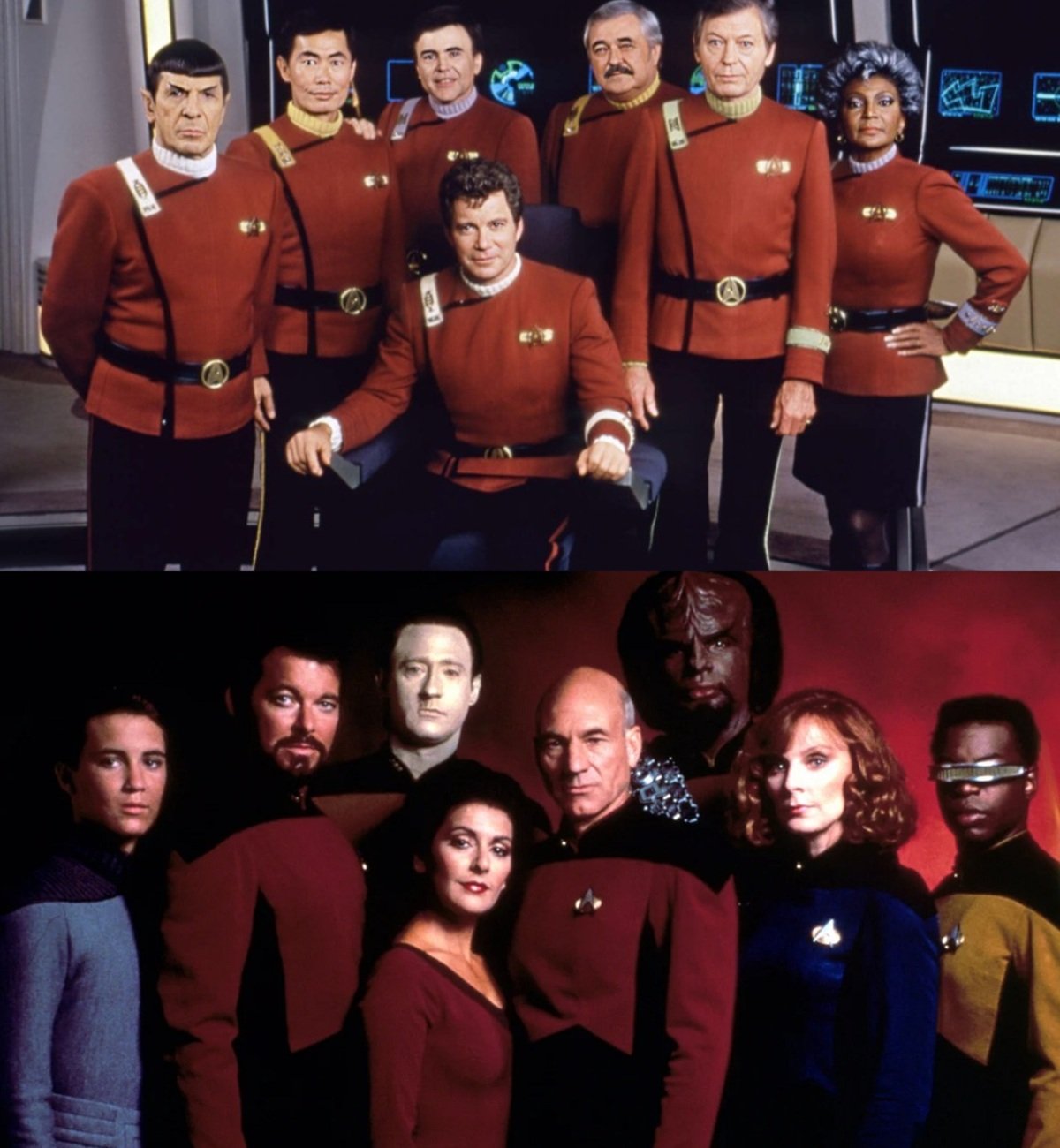 The cast of the Star Trek V: The Final Frontier (Top) and the cast of Star Trek: The Next Generation season 3 (Bottom).