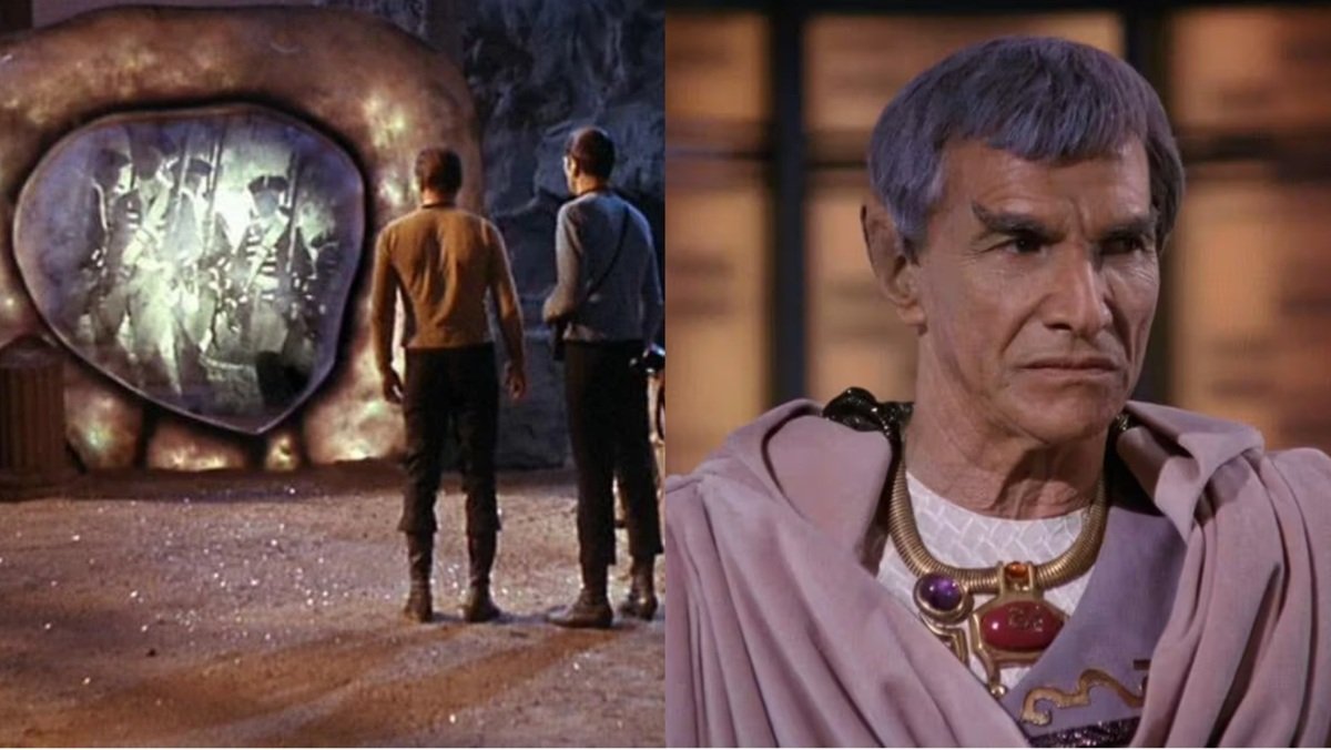 Kirk and Spock stand before the Guardian of Forever in the Star Trek episode City on the Edge of Forver/ (Left) Mark Lenard as Sarek in Star Trek: The Next Generation. 