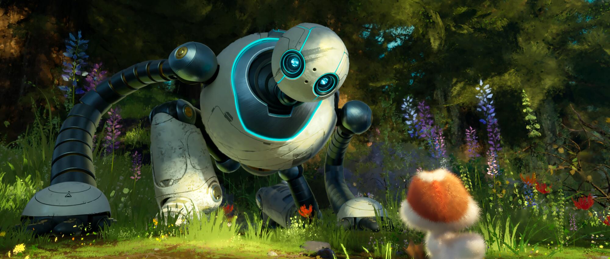 A robot crouches down in the flora of nature in "The Wild Robot."