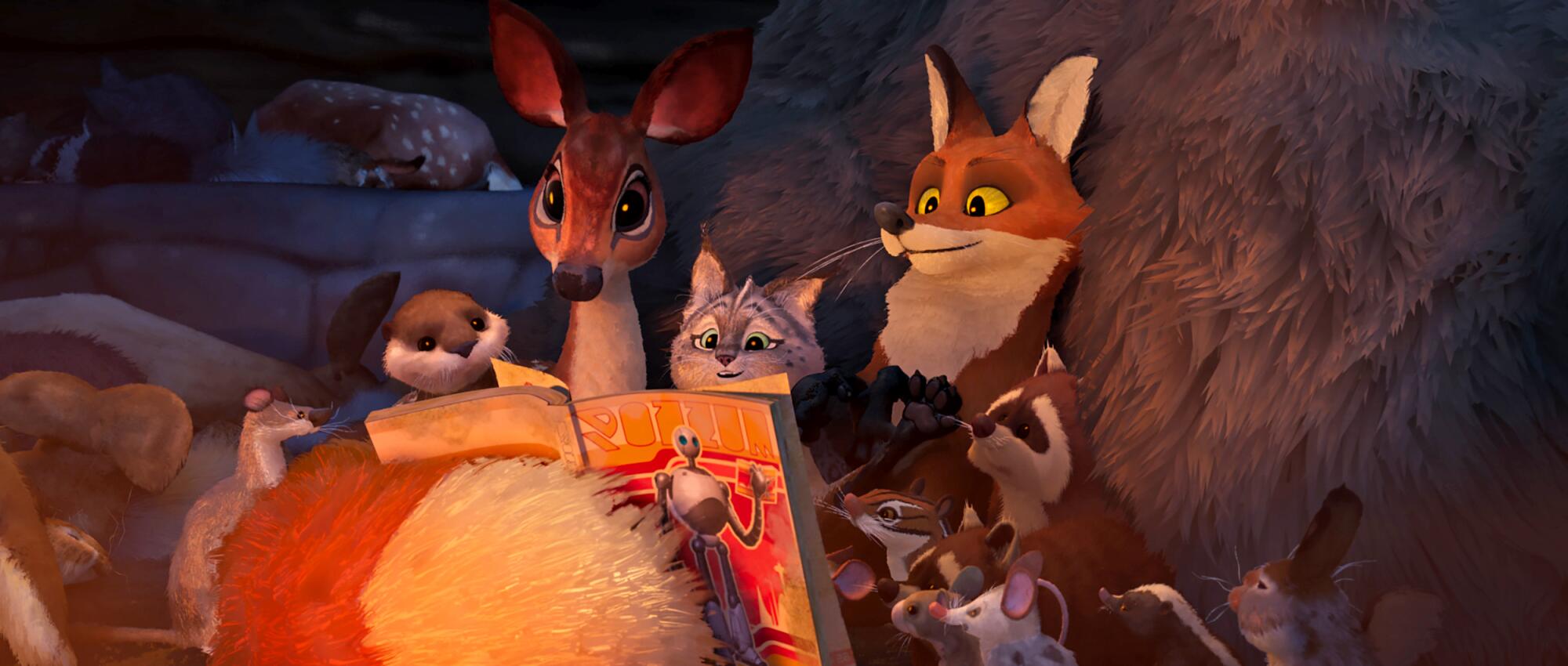 A group of animals, including a deer, a fox and a bear, shelter together in the animated "The Wild Robot."