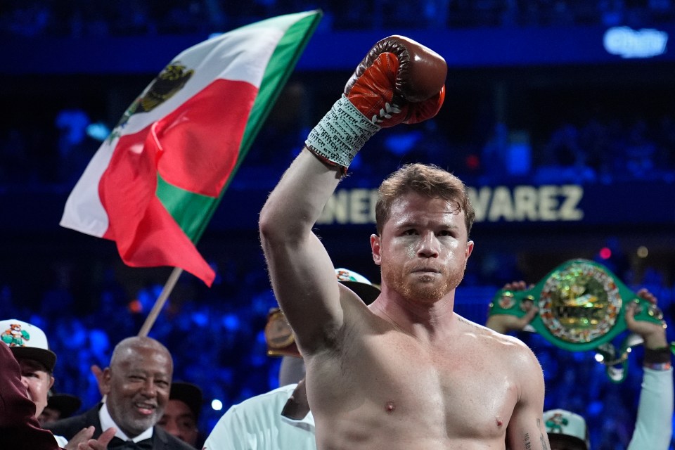 Canelo Alvarez celebrates a boxing victory.