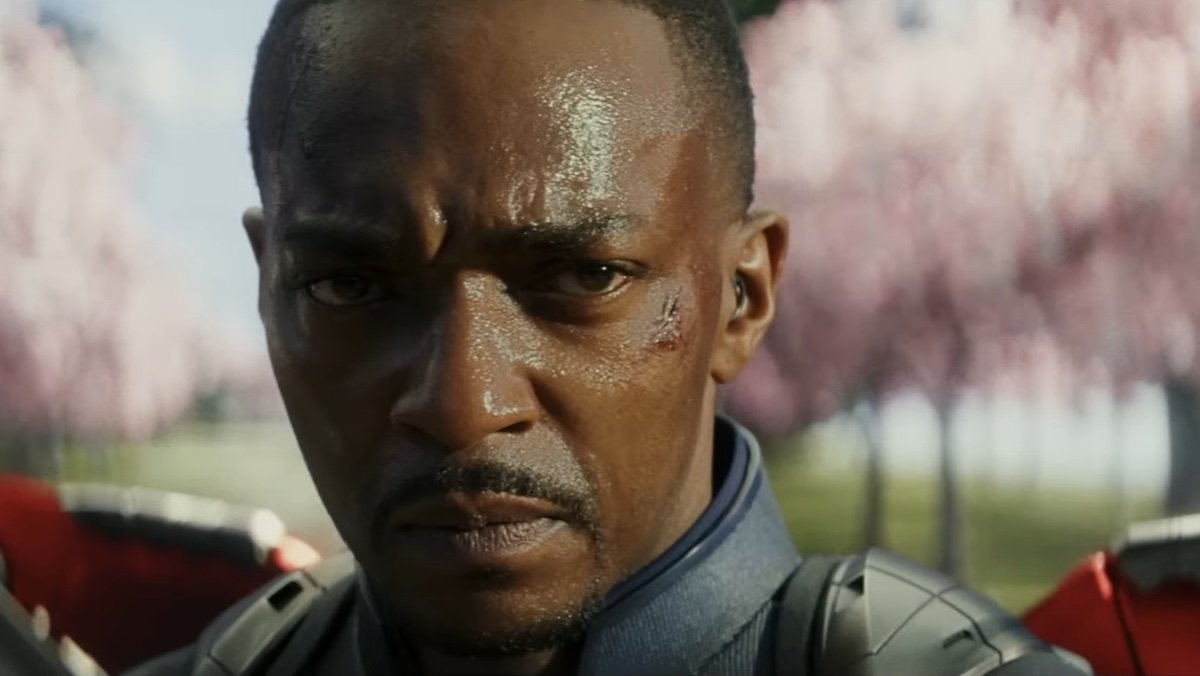 An intense closeup of Anthony Mackie as battle weary Sam Wilson in Captain America: Brave New World