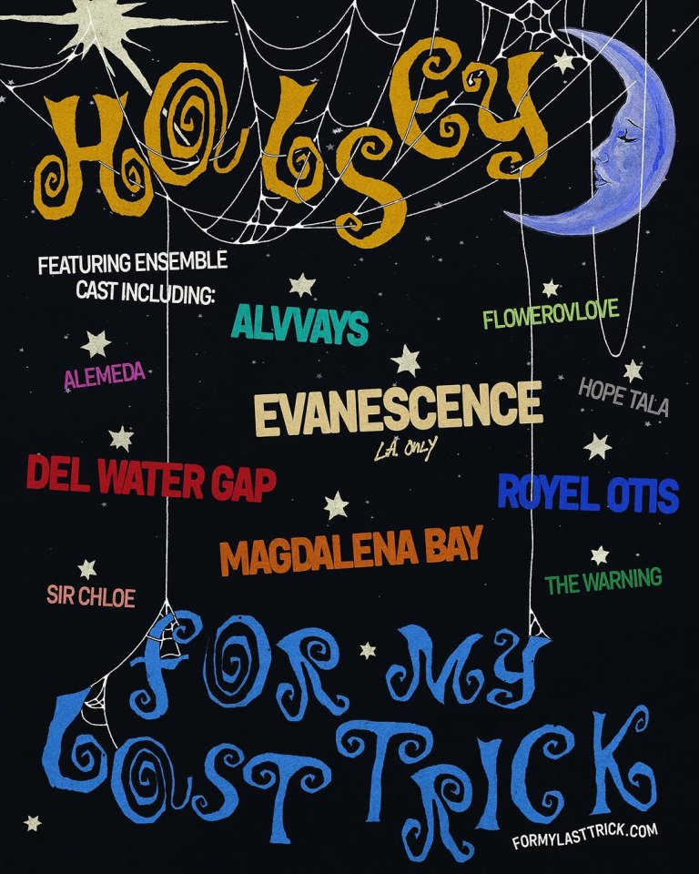 Illustration of Halsey's "For My Last Trick" tour poster featuring the names of the supporting acts.