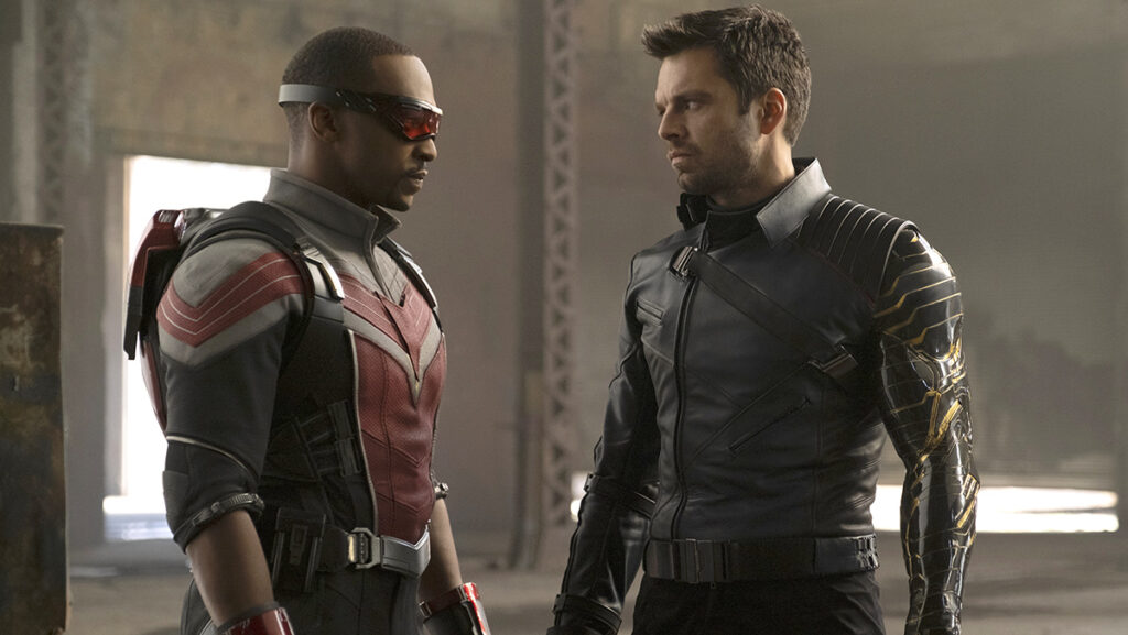 Sam Wilson and Bucky Barnes look angrily at each other while in their superhero costumes in The Falcon and the Winter Soldier - for Bucky Barnes Cameo in Captain America Brave New World piece