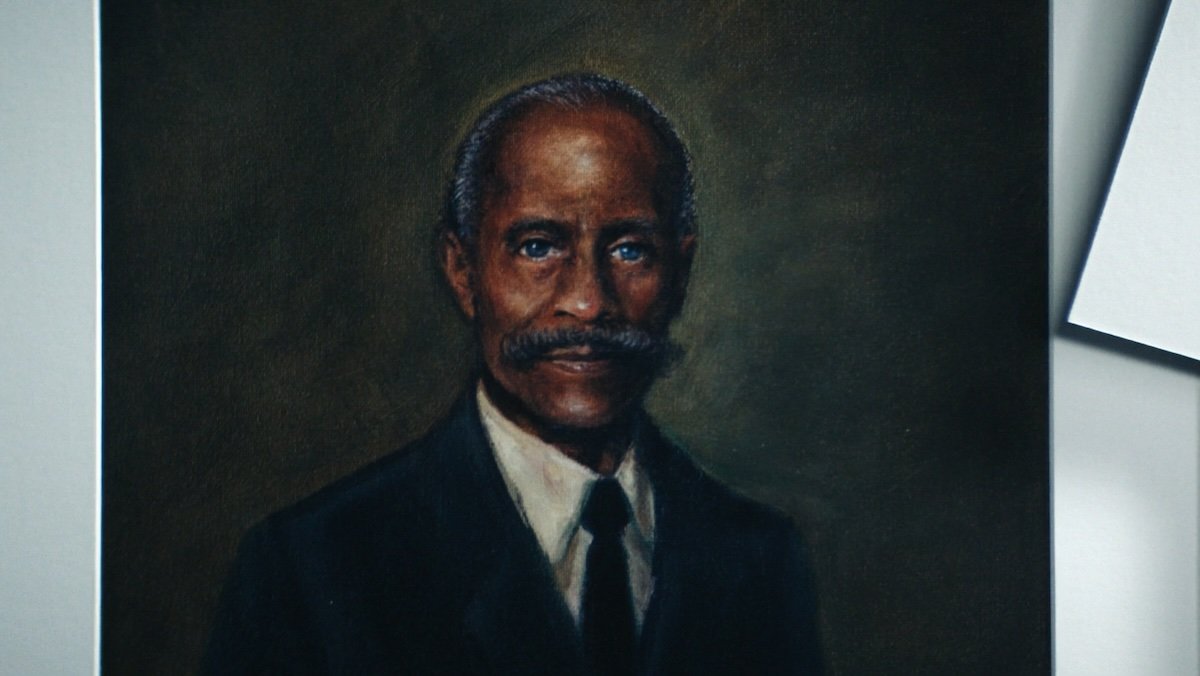 An old-timey painting of a Black man on Severance