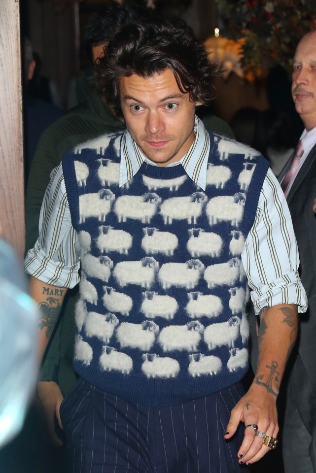 Harry Styles wearing a sheep-patterned sweater vest.