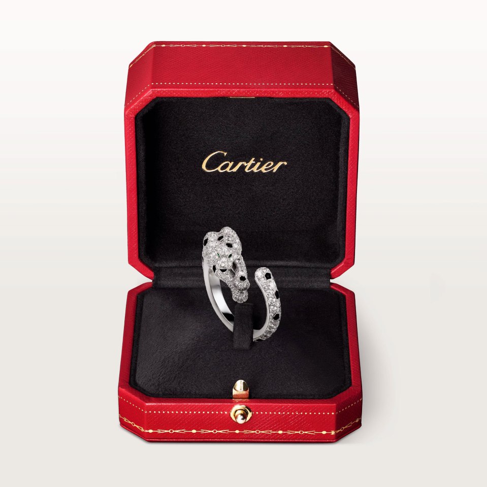 Diamond panther ring in Cartier box.