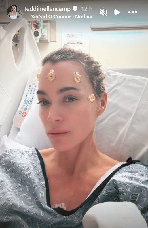 Teddi Mellencamp in a hospital bed, sensors on her forehead.