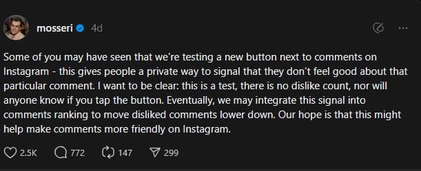 head of instagram on dislikes