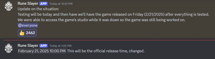 A Discord Message where a Rune Slayer developer talks to the community about the release date