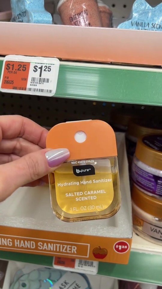 Salted caramel-scented hand sanitizer at Dollar Tree for $1.25.