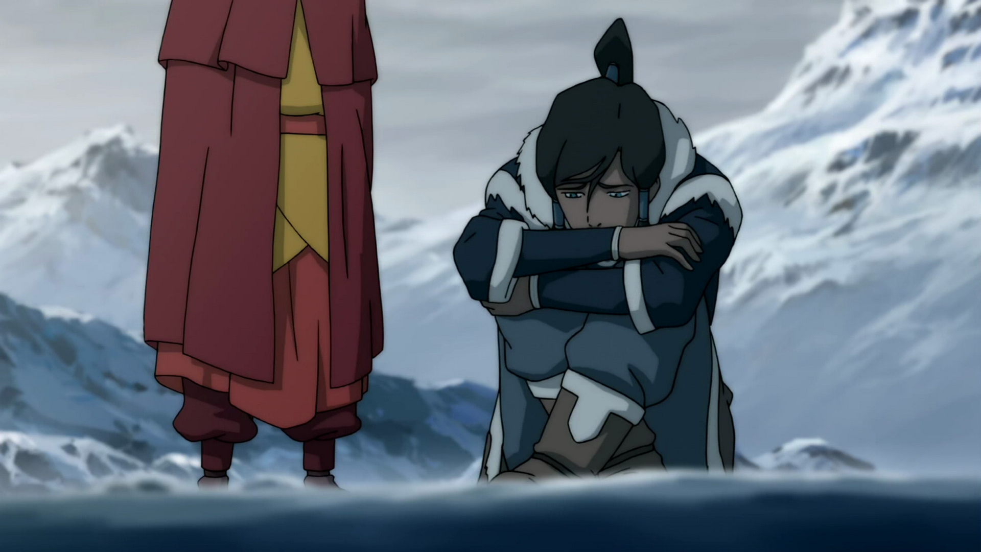 Korra sits by a cliff as Aang stands behind her in Legend of Korra Book 1