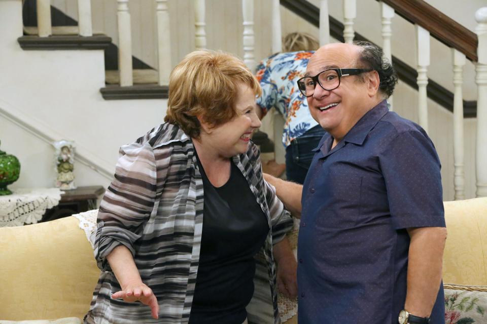 Lynne Marie Stewart and Danny DeVito in a scene from *It's Always Sunny in Philadelphia*.