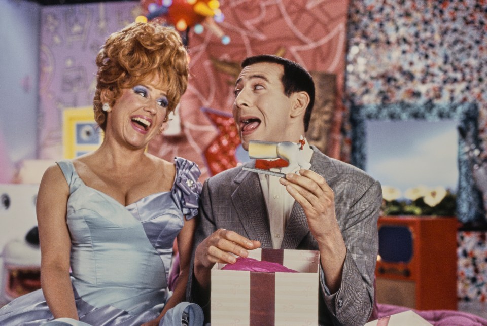 Lynne Marie Stewart and Paul Reubens on the set of *Pee-wee's Playhouse*.