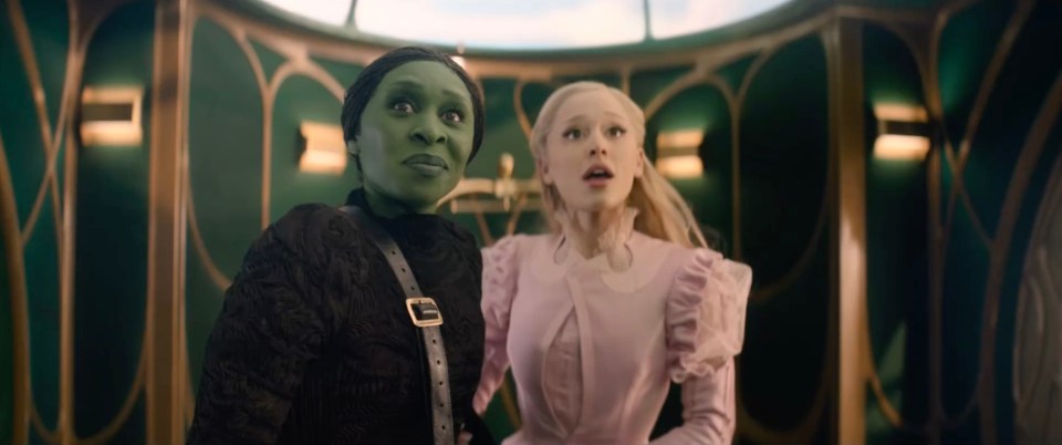 Still image from the Wicked movie trailer featuring Ariana Grande and Cynthia Erivo.