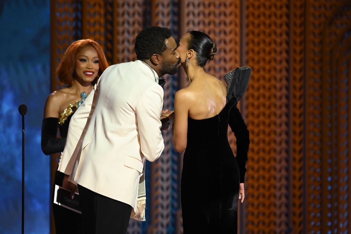 Keke Palmer, Colman Domingo, Zoe Saldana at the 31st Screen Actors Guild Awards held at Shrine Auditorium and Expo Hall on February 23, 2025 in Los Angeles, California.