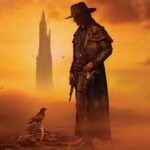 The cover of The Dark Tower book featuring Roland the Gunslinger standing over a desiccated corpse with the eponymous Dark Tower in the background.