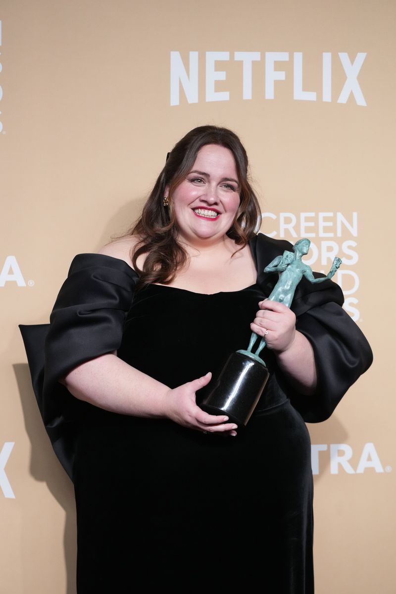 Jessica Gunning poses in the press room with the award for Outstanding Performance by a Female Actor in a Television Movie or Limited Series award for "Baby Reindeer" 