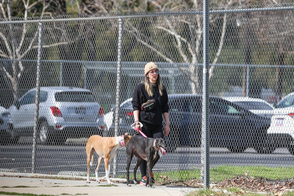 Jenna Marbles walking two dogs.