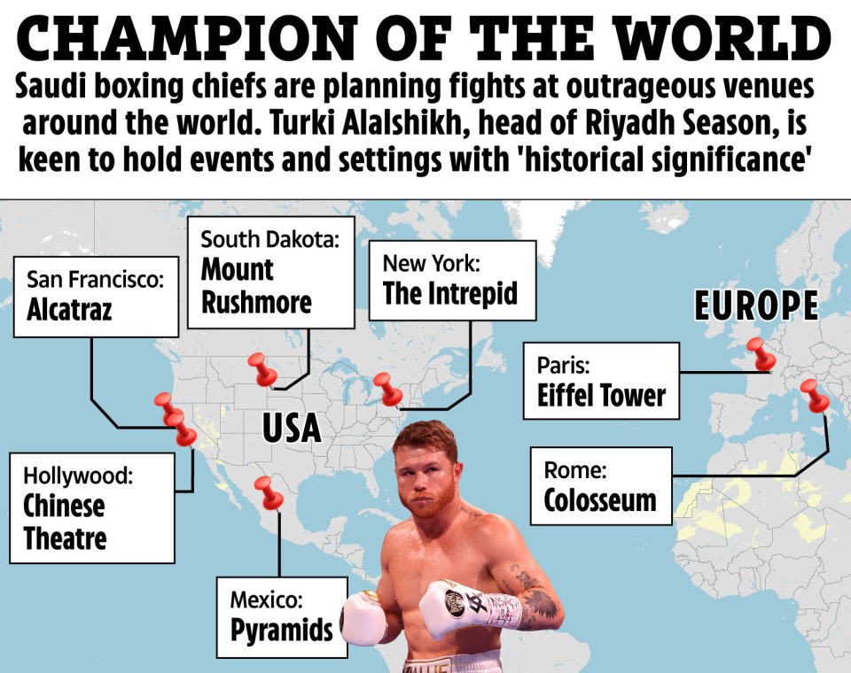 Illustration of a world map showing proposed boxing venues.