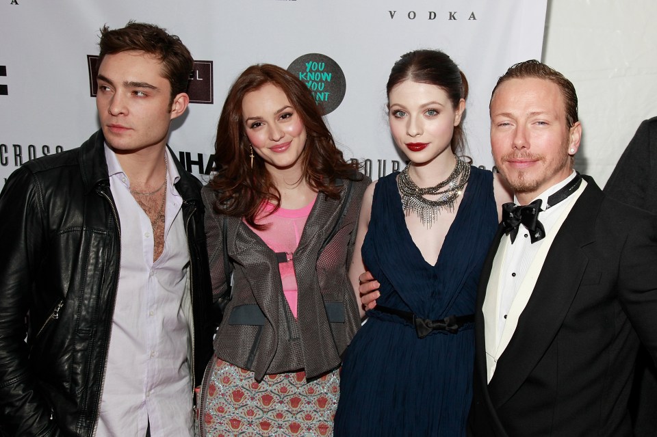 Gossip Girl cast members Ed Westwick, Leighton Meester, Michelle Trachtenberg, and costume designer Eric Daman at a publication party.