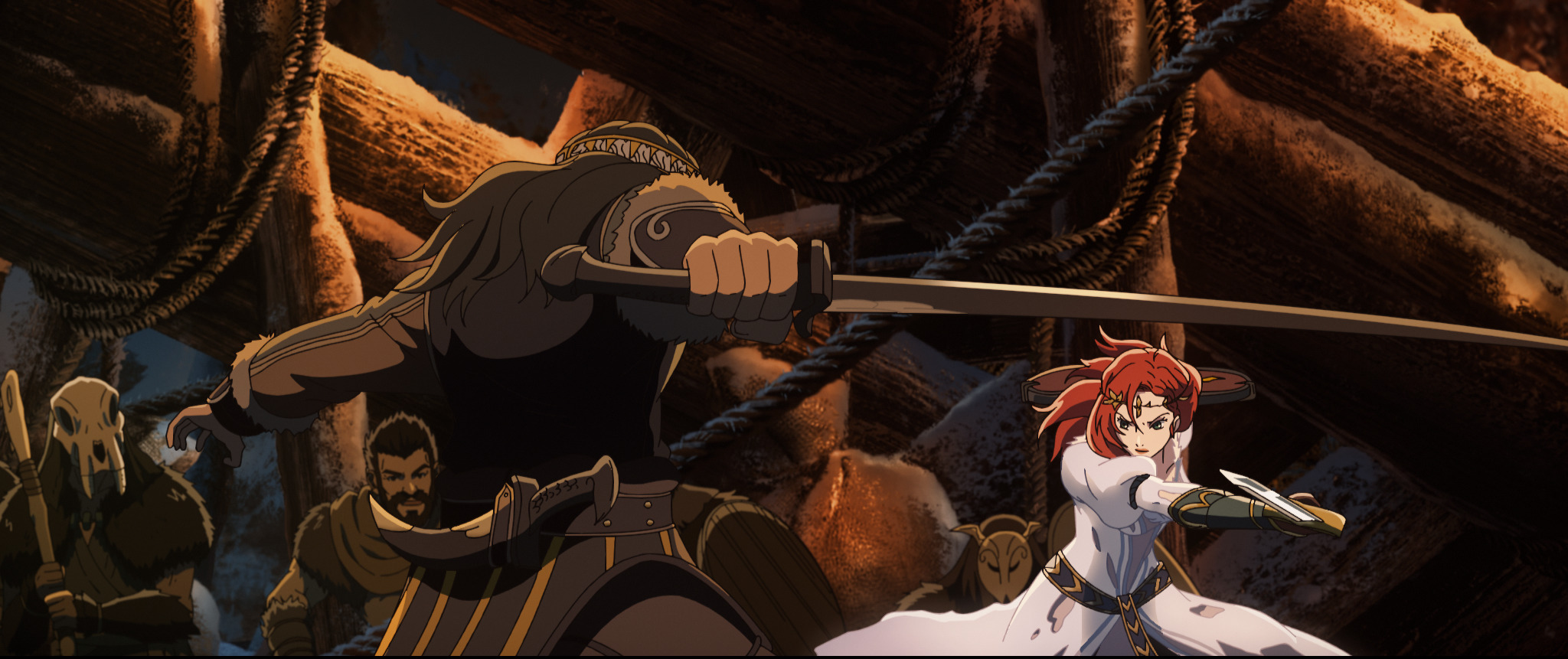 Red-haired warrior Héra, in a white dress, clashes with another warrior in a sword fight in Lord of the Rings: War of the Rohirrim