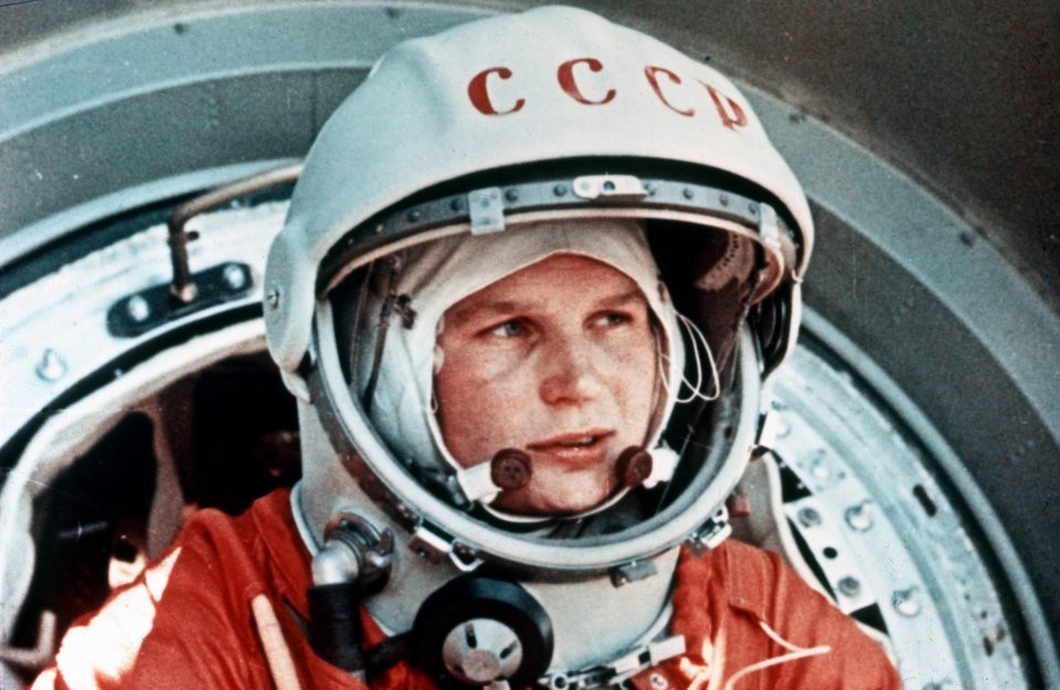 Valentina Tereshkova, the first woman in space, in a Soviet spacesuit.