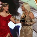 LOS ANGELES, CALIFORNIA - FEBRUARY 02: (L-R) Taylor Swift presents BeyoncÃ© with the Best Country Album award for "COWBOY CARTER" onstage during the 67th Annual GRAMMY Awards at Crypto.com Arena on February 02, 2025 in Los Angeles, California.  (Photo by Kevin Mazur/Getty Images for The Recording Academy)