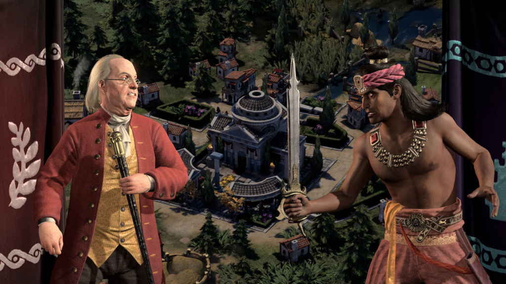 Screenshot from Civilization 7 featuring a tense standoff between Ben Franklin and Ashoka.