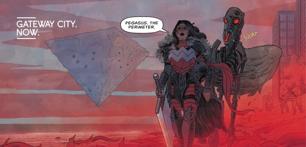 “Pegasus, the perimeter,” Wonder Woman says to a skeletal pegasus, as she walks across an urban beach covered in strange red growths, in a red and black set of armor with a furred cape, carrying an enormous sword. A caption reads “Gateway City. Now.” From Absolute Wonder Woman #1.