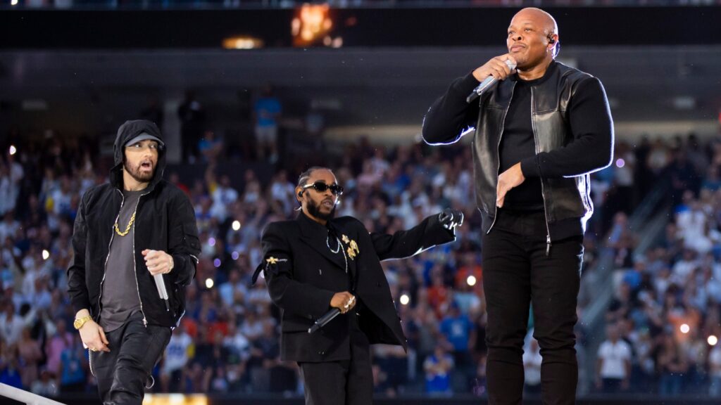 Kendrick Lamar, Dr. Dre, and Eminem on stage together at the Super bowl