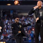 Kendrick Lamar, Dr. Dre, and Eminem on stage together at the Super bowl