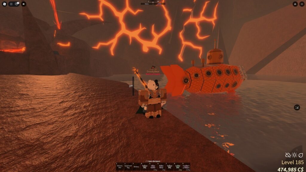 An image showing a player with the Glimmerfin Suit along with the submarine