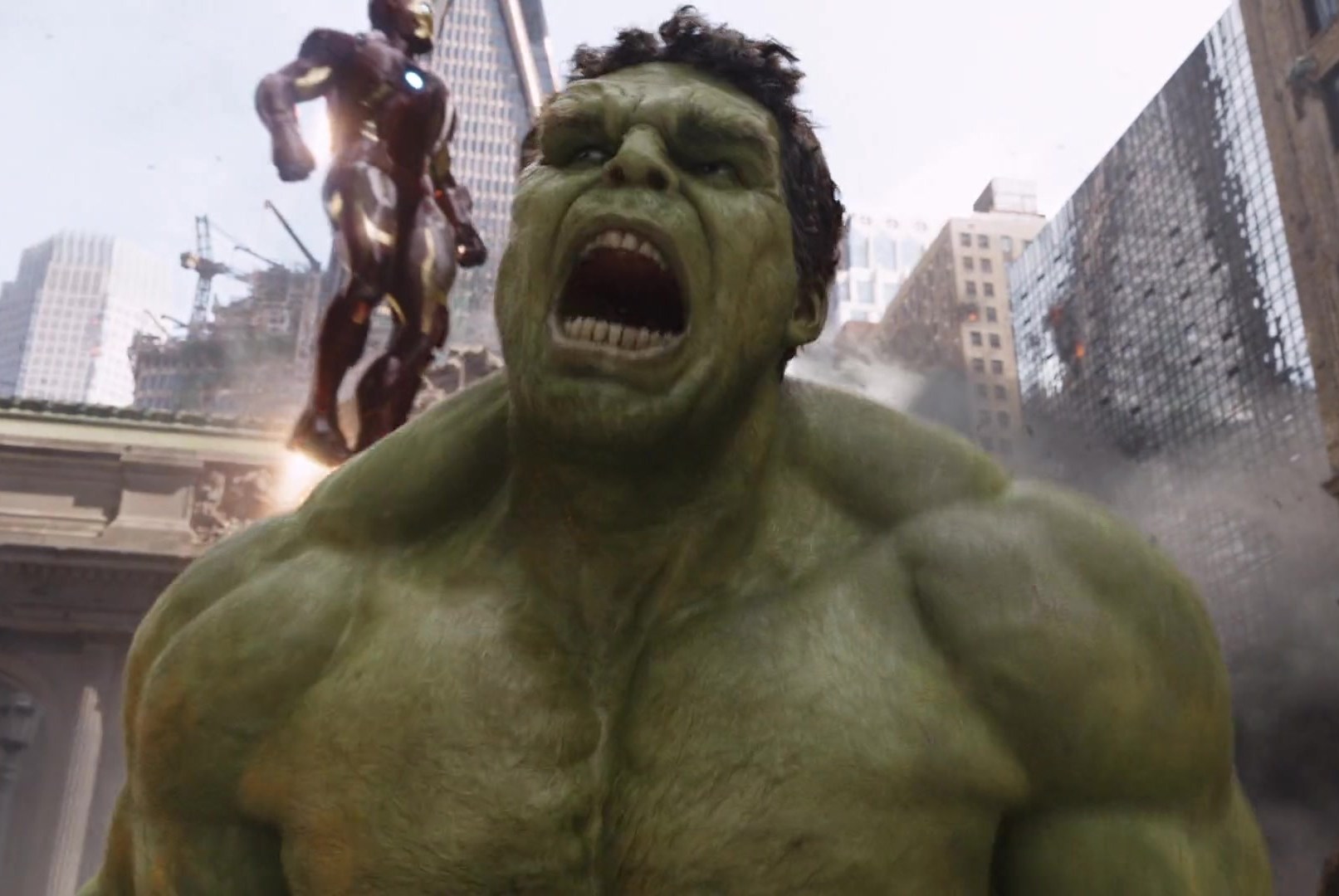 Hulk screams while Iron Man hovers above him in The Avengers