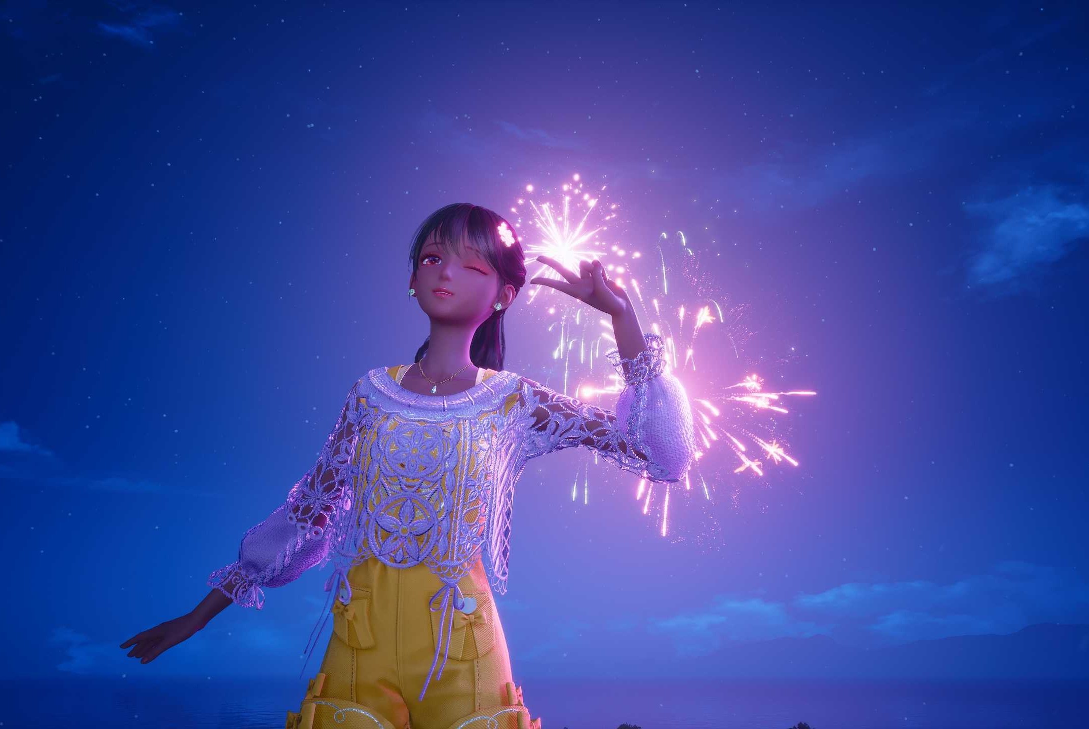 Screenshot from Infinity Nikki featuring Nikki in yellow overalls with a purple knit sweater posing in front of fireworks.