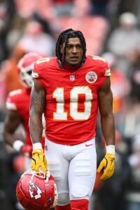 CLEVELAND, OHIO - DECEMBER 15: Isiah Pacheco #10 of the Kansas City Chiefs looks on prior to a game against the Cleveland Browns at Huntington Bank Field on December 15, 2024 in Cleveland, Ohio. (Photo by Nick Cammett/Diamond Images via Getty Images)